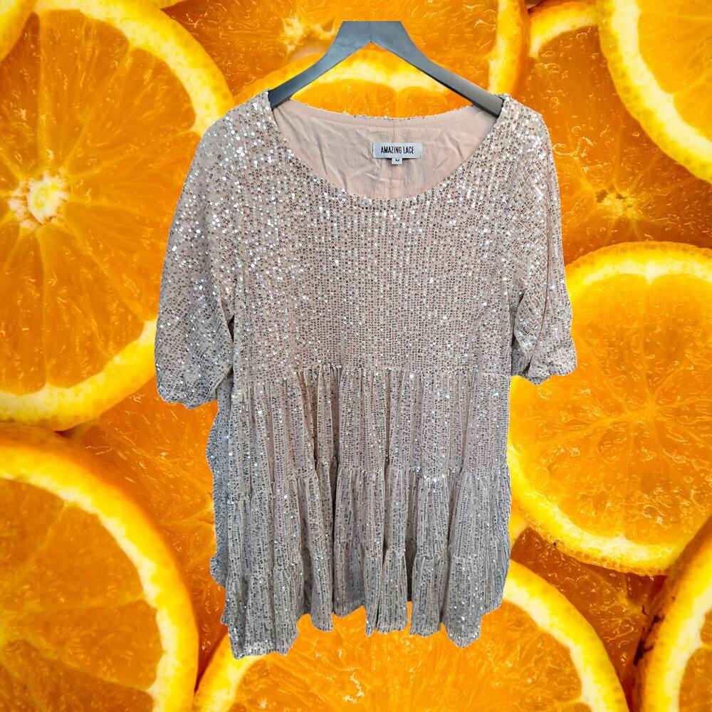 Amazing Lace Women's Champagne My Queen Sequin Tiered Babydoll Dress Size M - Picture 2 of 7